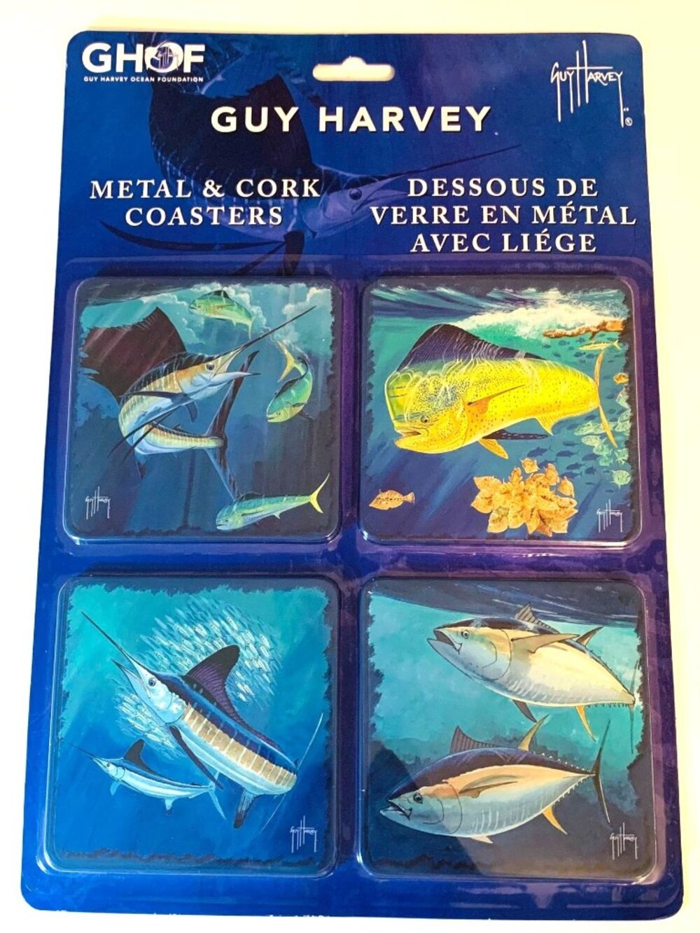 Guy Harvey Metal & Cork Coasters Set of 4 NIB Sealed Nautical Fish Barware Decor